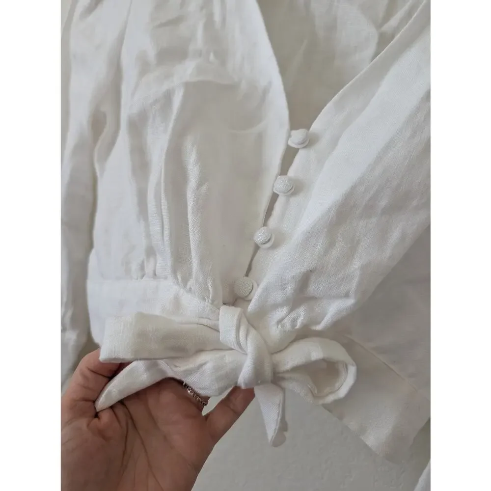 Reformation Linen Puff Sleeve Crop Top White Size 8 Minimalist Luxury Capsule
